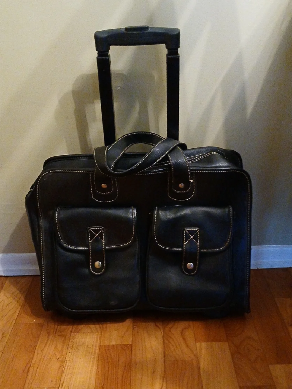 Black Rolling Laptop Briefcase with Front Pockets - Leather-Style Unisex